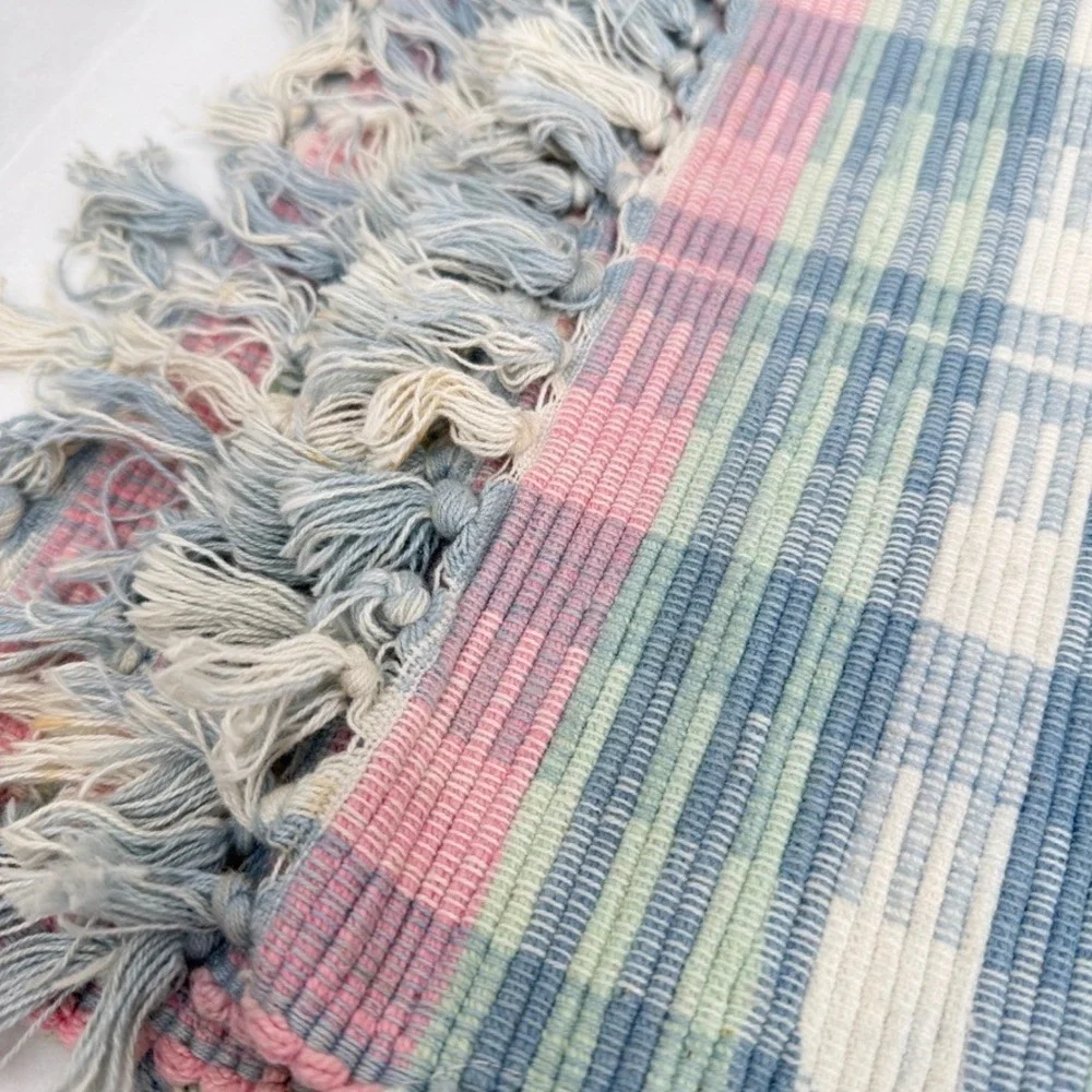 Woven Rag Rug Placemats Pastel Spring Plaid Fringe Cotton Set of 5 Table Decor